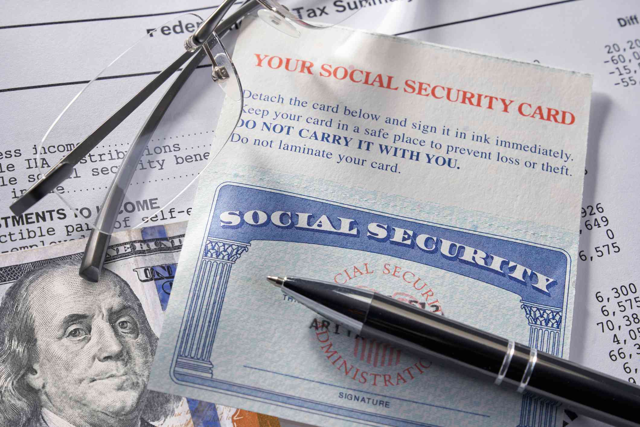 Social security card with calculator and money.