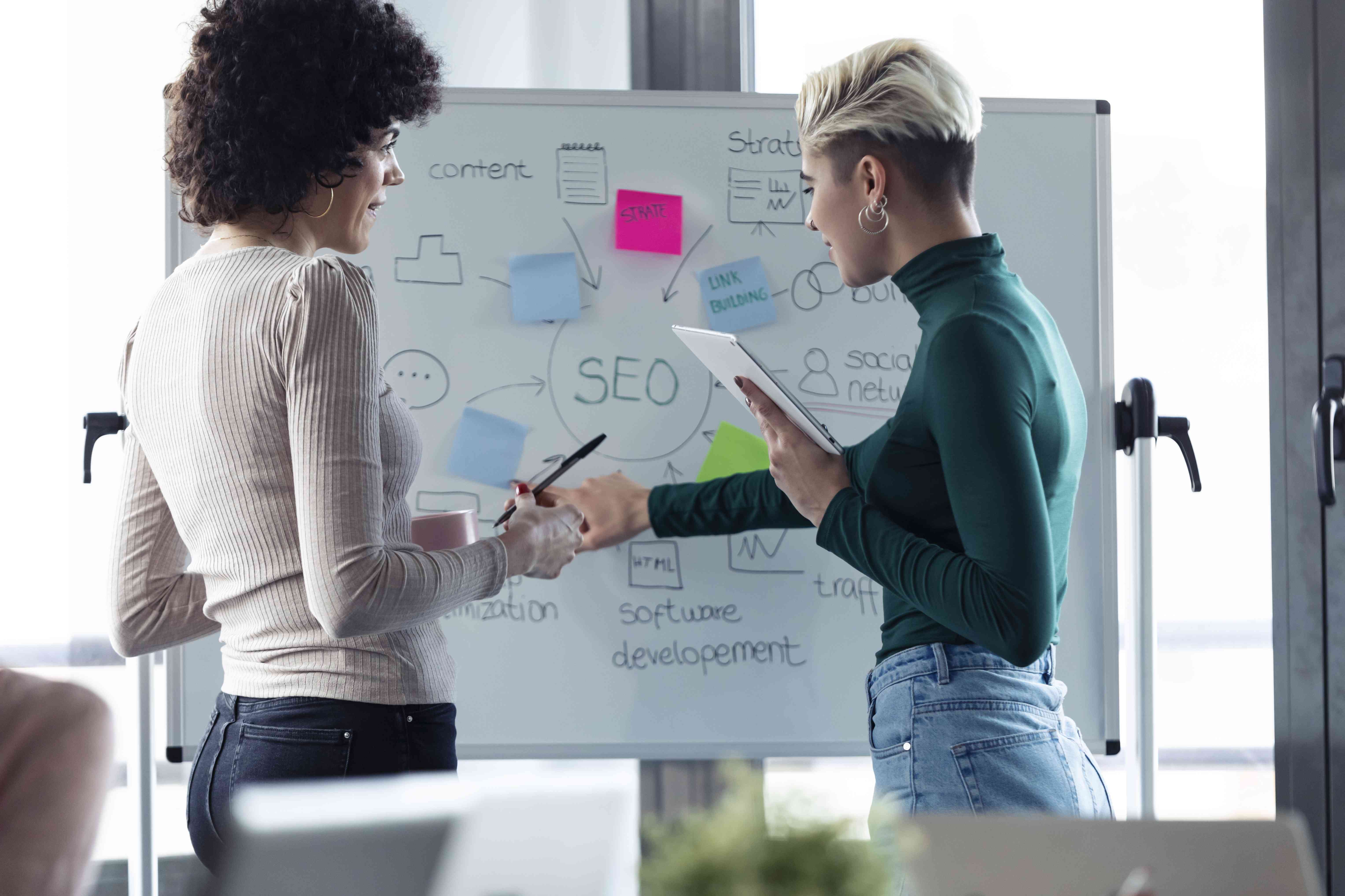 Two women working and brainstorming SEO ideas using a whiteboard and post-it notes in an office