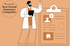 Illustration of man in lab coat and giant clipboard with patient dental record. 