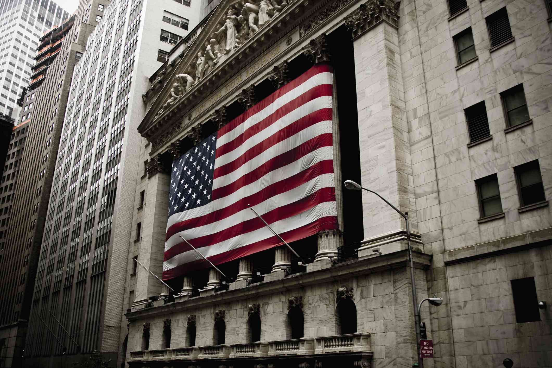 A US flag hanging outside the New York Stock Exchange