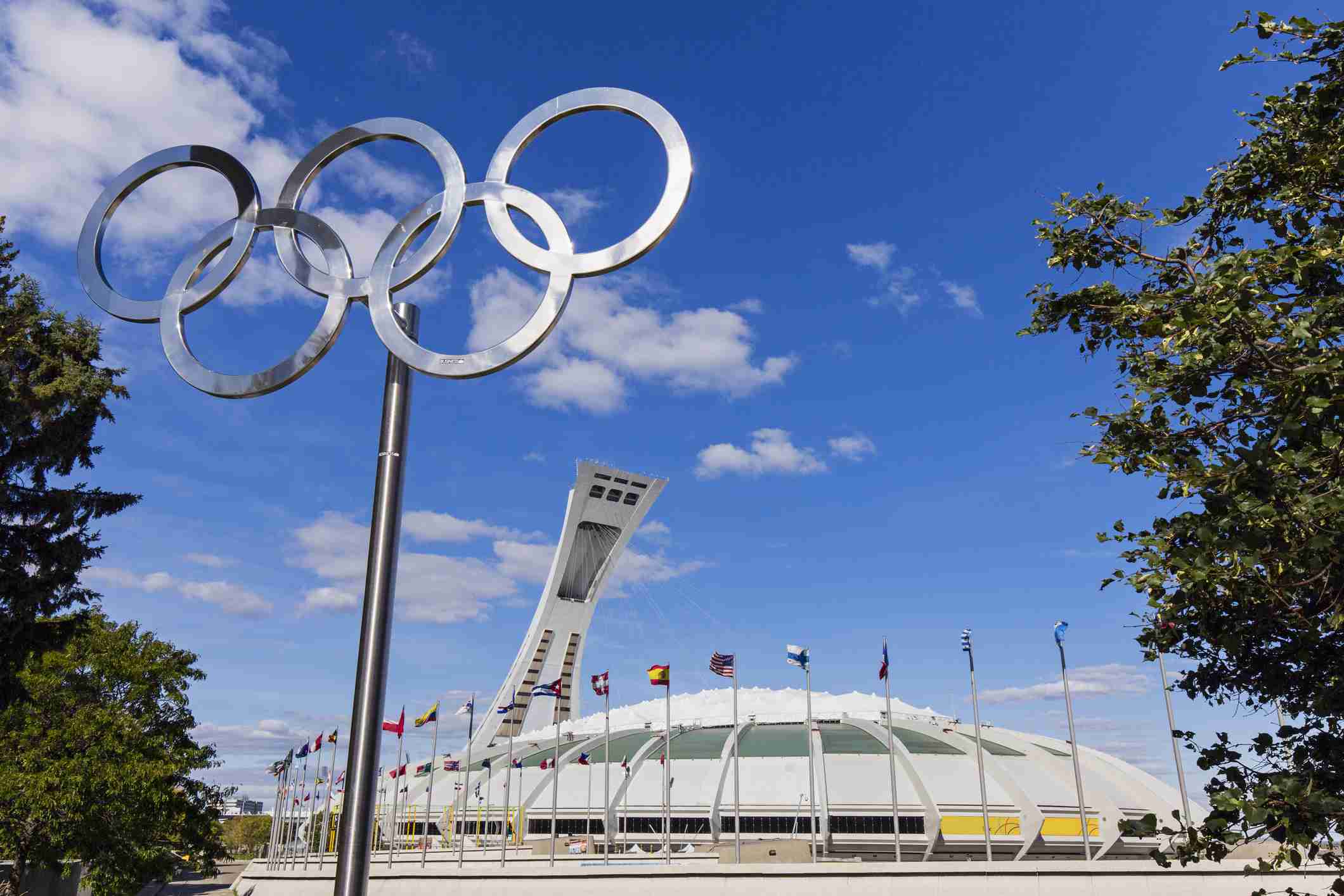Montreal, Olympic Park, the Olympic rings and the stadium dating from the Summer Olympics 1976