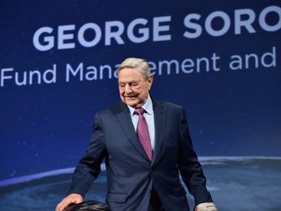 George Soros in 2016 in front of a poster for his investment fund