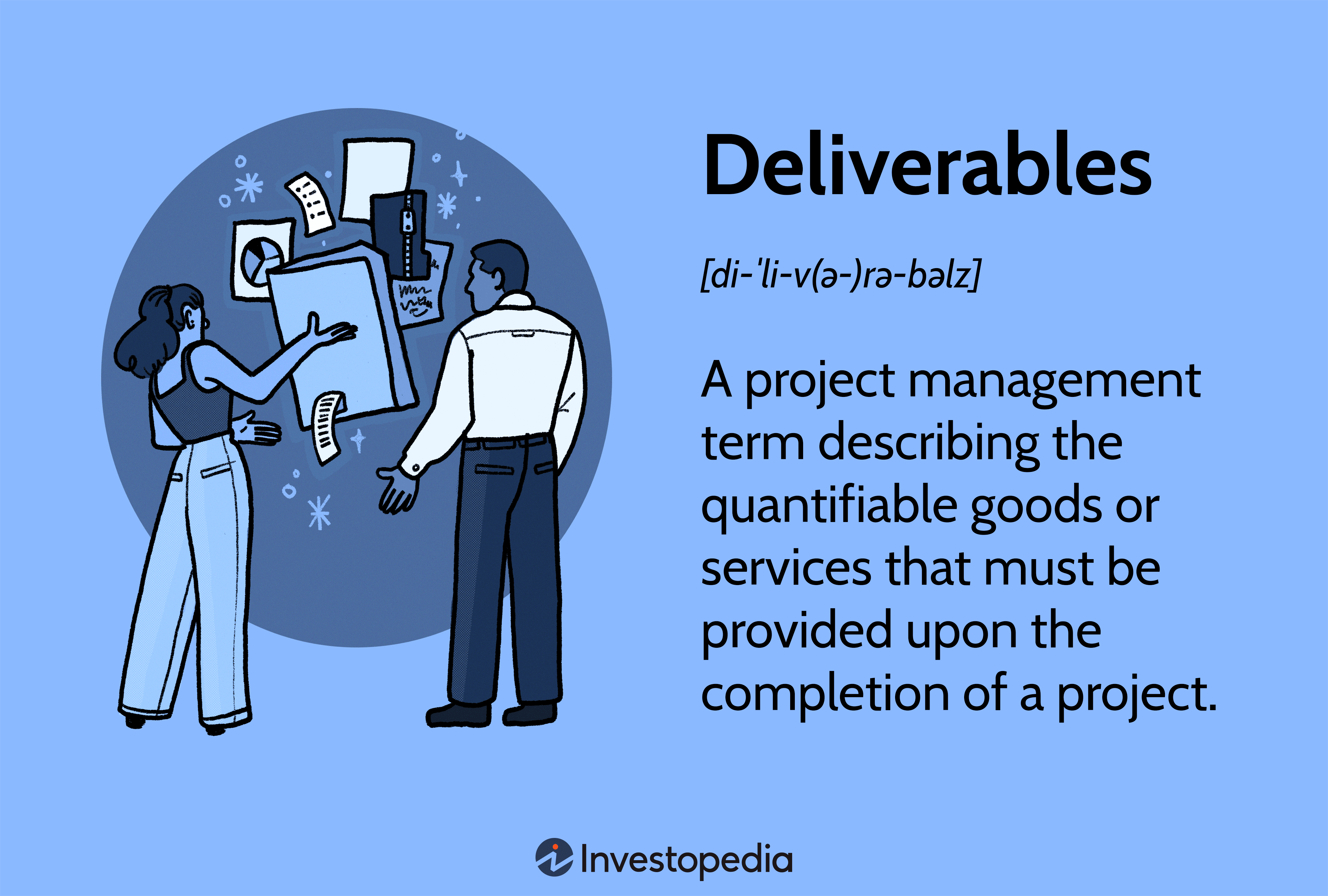 Deliverables: A project management term describing the quantifiable goods or services that must be provided upon the completion of a project.