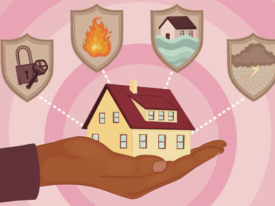 Illustration of the types of homeowners insurance coverage. The image features a hand holding a house with different insurance types represented above.