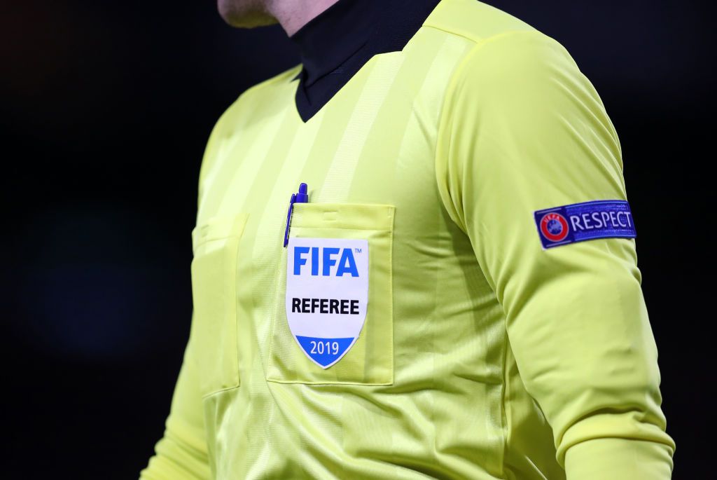 A detailed view of the FIFA referee badge during the UEFA Europa League.