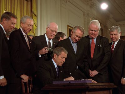 President George W. Bush signs the USA Patriot Act in the East Room of the White House -- 10/26/2001