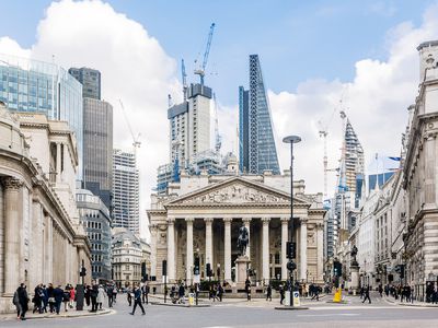 Street in the City of London With Royal Exchange, Bank of England and New Modern Skyscrapers, England, UK