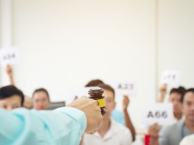 Auctioneer Pointing Gavel at Crowd of Bidders