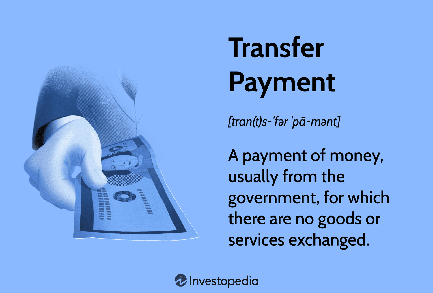 Transfer Payment: A payment of money, usually from the government, for which there are no goods or services exchanged.
