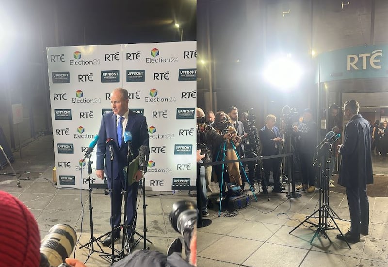 Micheál Martin and Simon Harris arrive at RTÉ for the leaders' debate where they will be joined by eight other party leaders. Photographs: Jennifer Bray