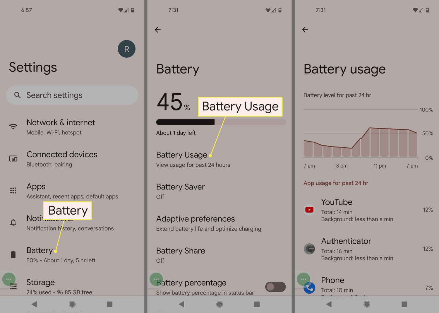 Battery and Battery Usage highlighted in Android settings