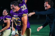 Schoolcraft's Jake Bailey (55) celebrates after the Eagles took down Lawton, 17-3, on Friday, Oct. 4, 2024.