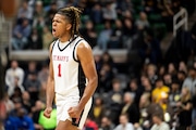 Orchard Lake St. Mary's Trey Mckenney (1) celebrates as Orchard Lake St. Mary’s faces North Farmington in the Division 1 state championship game at MSU’s Breslin Center in East Lansing on Saturday, March 16, 2024.