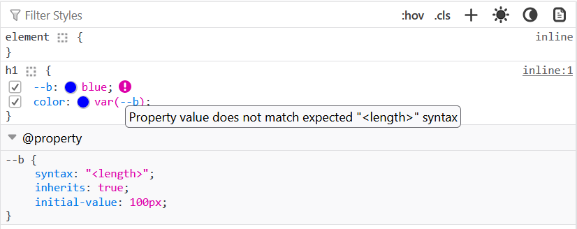 screenshot of an example of the exclamation icon beside an invalid custom property declaration and a tooltip explaining the error