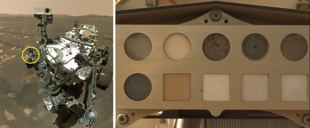 Perseverance Mars rover, with a circle indicating the location of the calibration target for the rover’s SHERLOC instrument.