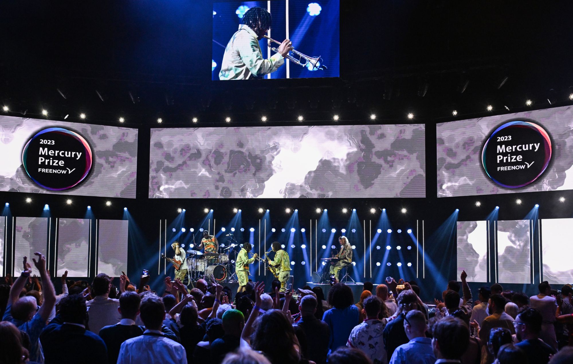 Ezra Collective perform on stage after winning The Mercury Prize during The Mercury Prize 2023 awards show 