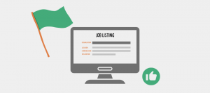 Graphic with a green racing flag and a green "thumbs up" sign on either side of a desktop computer with the words "Job Listing" in bold at the top with a list below it.