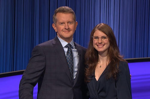 Ken Jennings, left, and Mira Hayward, right, on "Jeopardy!"