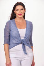 Front image of Papa Fashions knit shrug. 3/4 sleeve shrug in denim. 