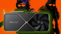 An Nvidia GeForce RTX 4080 Founders Edition, surrounded by a green aura, with CS2 key art behind it against an orange backdrop