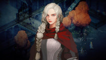 Chrono Sword: A woman with light blonde hair and a red cape set against a pixel art backdrop of iron railings, stone stairs, and trees