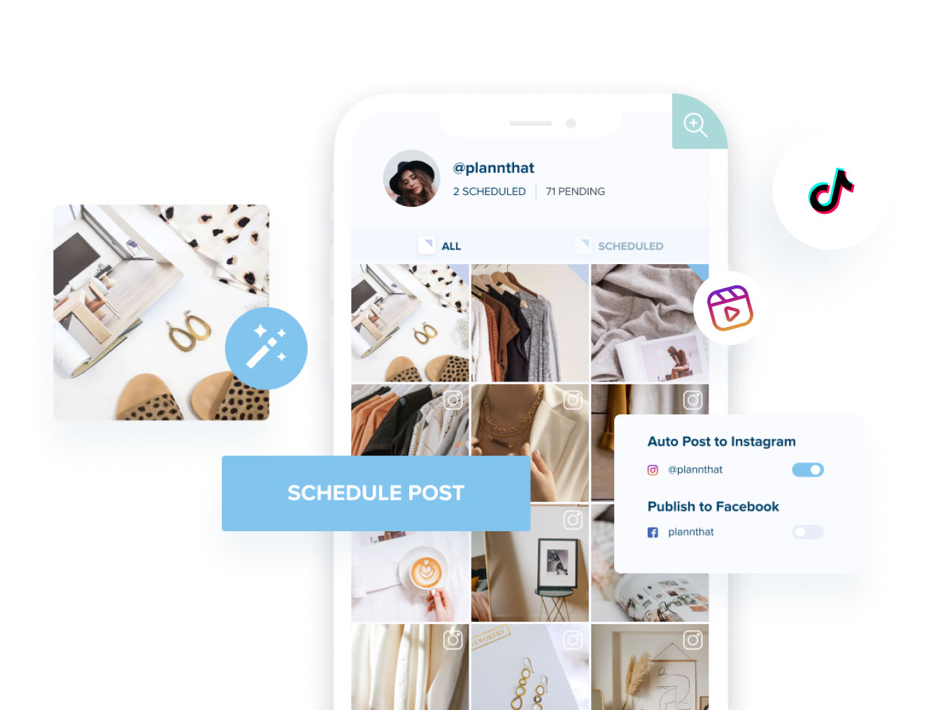 A mobile app screen displaying a social media post scheduling interface with options to auto-post to Instagram and Facebook, showing various photo thumbnails and scheduling statuses. TikTok and Instagram Reels icons are also visible | plannthat.com