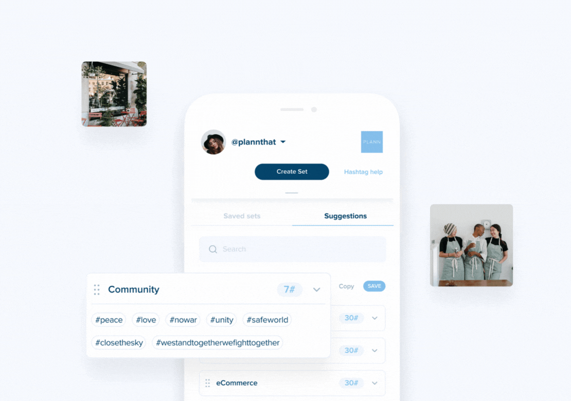 A mobile app interface showing a profile, hashtag suggestions, and the option to create hashtag sets, with two small photos of people displayed on each side of the phone | Social media scheduler | plannthat.com
