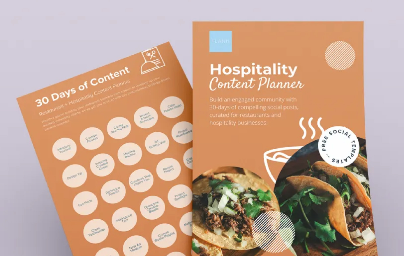 Two orange planner sheets titled "30 Days of Content" and "Hospitality Content Planner," featuring content ideas for restaurants and hospitality businesses. Includes images of tacos and a coffee cup. Promotes social media engagement with free templates | social media planner | plannthat.com