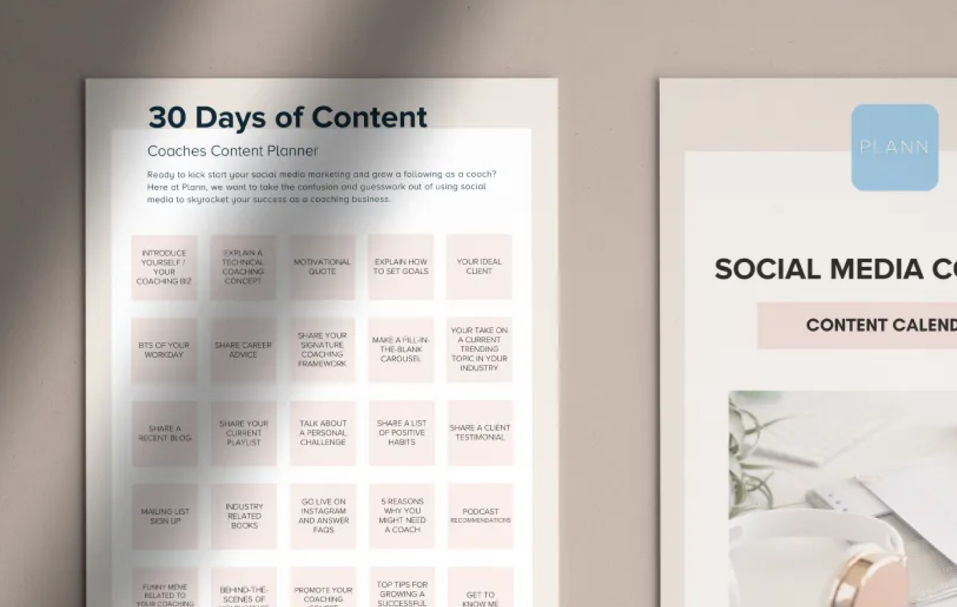 30 Days of Content plan for coaches featuring motivational quotes, technical concepts, career advice, and client testimonials to boost social media presence and business growth using a social media planner | plannthat.com