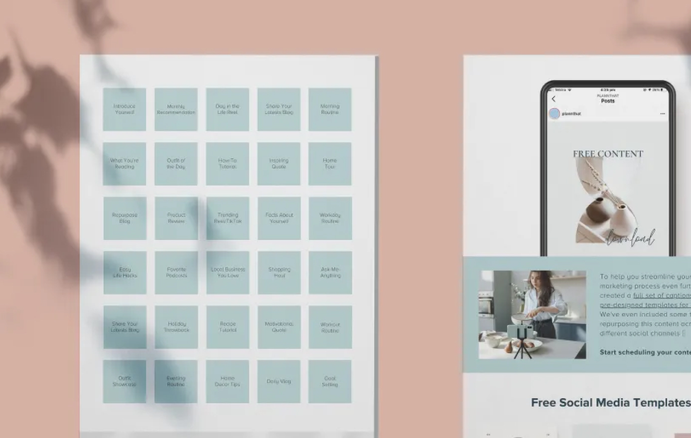 Image showing a social media content calendar with various post ideas and templates, including "Introduce Yourself," "Product Review," and "Outfit Showcase." An adjacent smartphone mockup displays a "Free Content" download offer, highlighting the benefits of using a social media planner. | plannthat.com