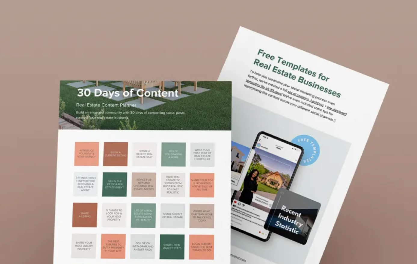 Two documents titled "30 Days of Content" and "Free Templates for Real Estate Businesses" provide content ideas and templates for real estate social media marketing, including a calendar of content ideas and visual examples | Social media planner | plannthat.com