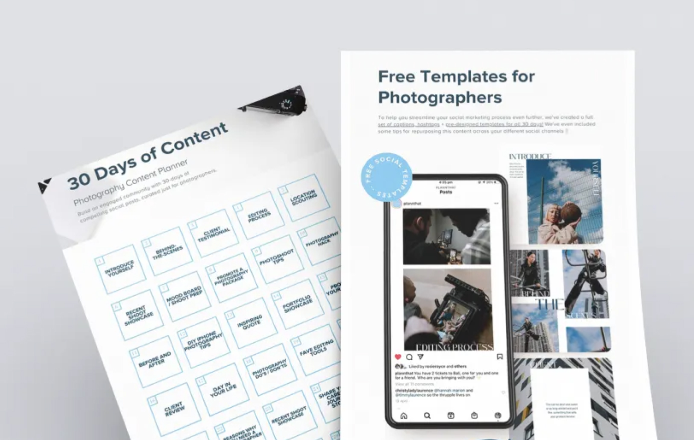 Two documents titled "30 Days of Content" and "Free Templates for Photographers" offering a photography content planner with daily themes and social media templates showcasing various photography-related posts | plannthat.com