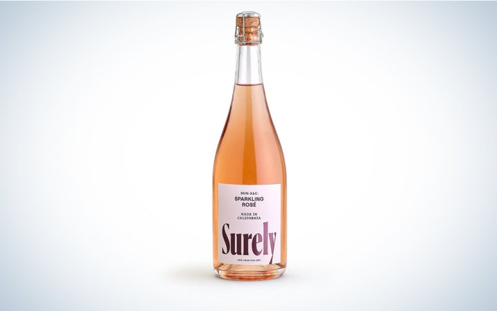  A bottle of Surely NA wine on a blue and white background