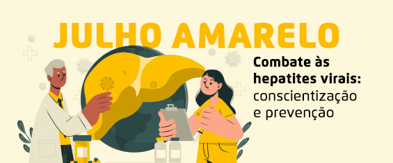 A ilustração, em tons de amarelo, mostra um profissional de saúde à frente de uma imagem representando um fígado; ela está junto a outra profissional, que segura uma seringa na mão esquerda e uma prancheta na mão direita