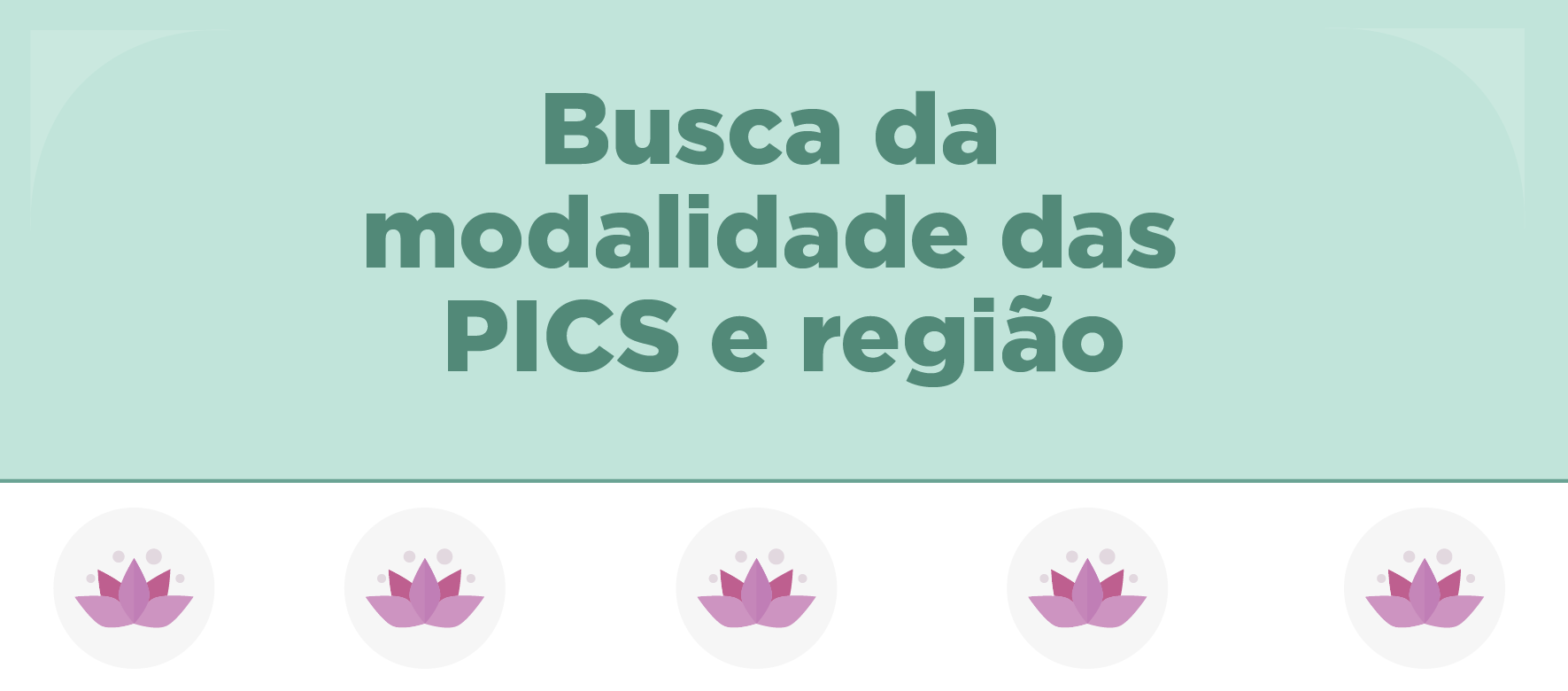 A arte apresenta um texto na parte de cima , com um fundo verde, que diz "Busca da modalidade das PICS e região" e na parte debaixo, ilustrações de flores.