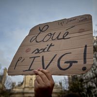 Une manifestation de soutien à l'entrée de l'IVG dans la Constitution, près du Sénat, le 28 février 2024