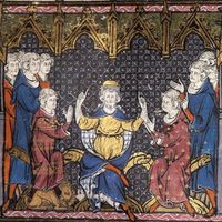 Charles Martel divise le royaume entre Pépin et Carloman. Enluminure extraite des "Grandes Chroniques de France" par le Maître de Fauvel, 14e siècle