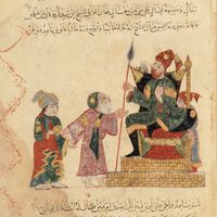 Abû Zayd et son fils leurent le gouverneur. Enluminure extraite des "al-Maqâmât (Séances)" de Muhammad al-Qâsim al-Harîrî, Irak, 1237