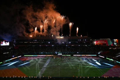 Fireworks explode during the opening ceremony ahead of the Australia and New Zealand 2023 Women's World Cup Group A football match between New Zealand and Norway at Eden Park in Auckland on July 20, 2023. (Photo by Saeed KHAN / AFP)<!-- NICAID(15487329) -->