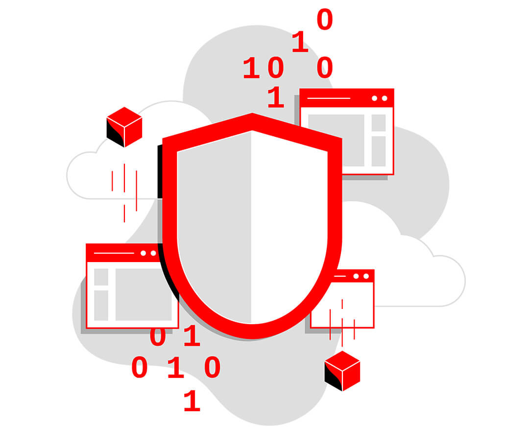 Illustration d'un badge de sécurité, avec des chiffres 1 et 0 et des pages web en arrière-plan