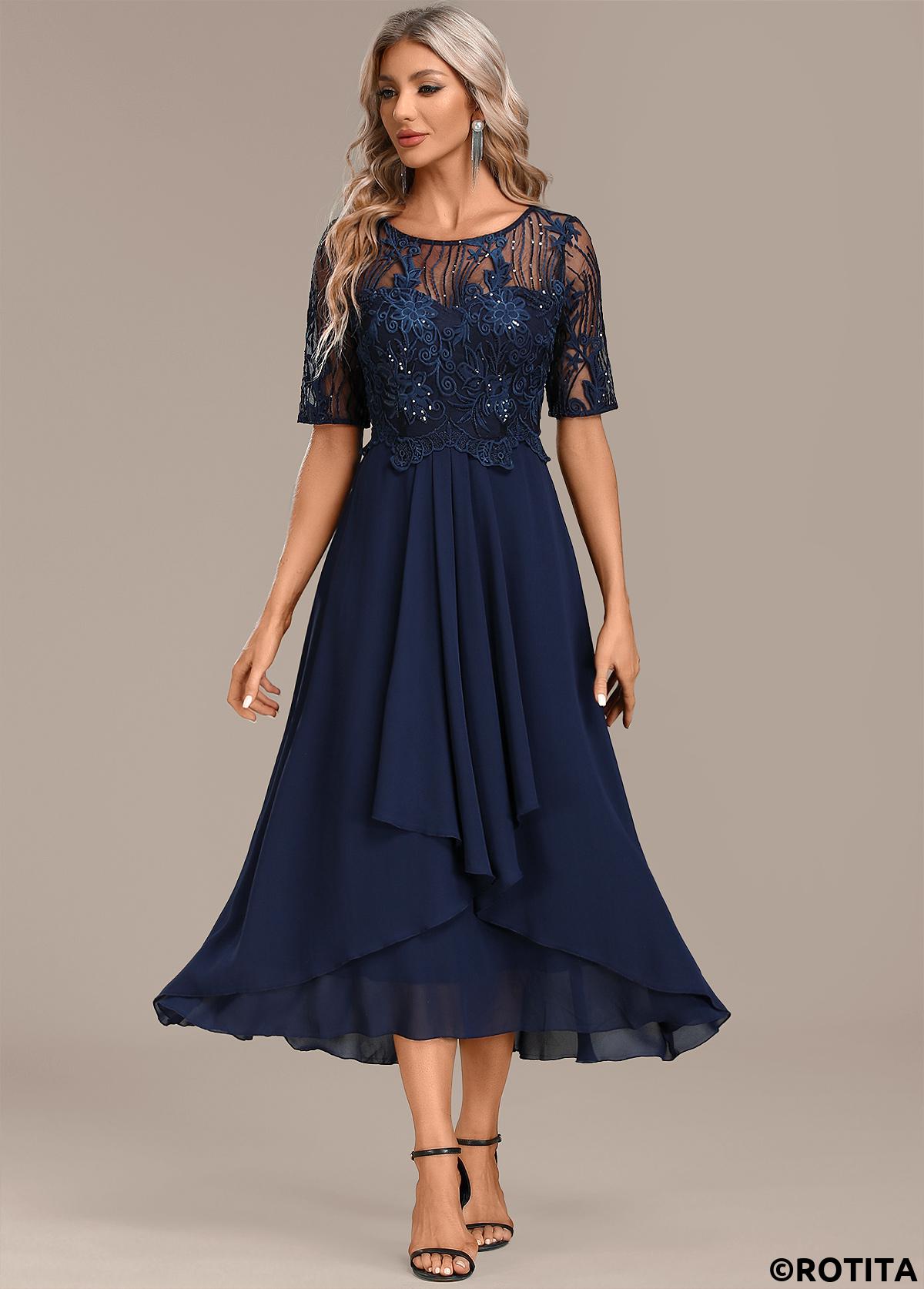 ROTITA Lace Navy Round Neck Short Sleeve Dress