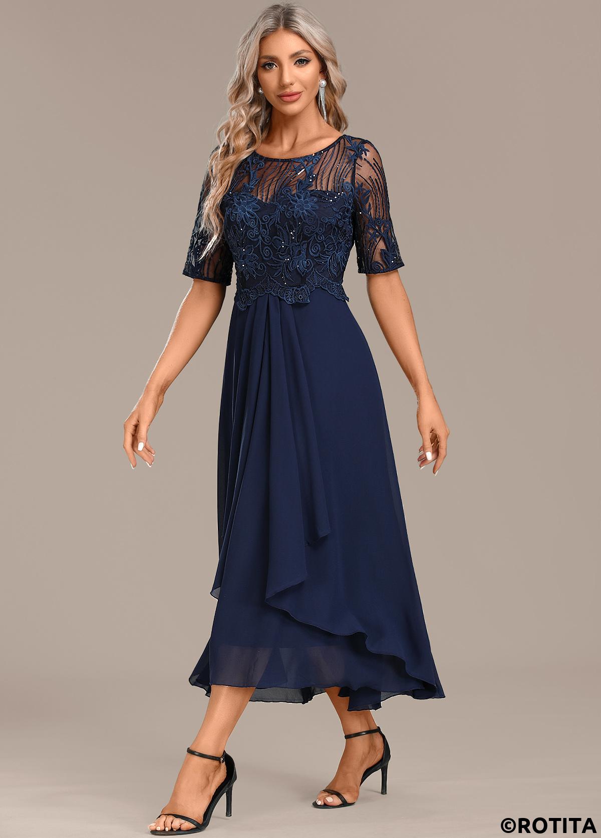 ROTITA Lace Navy Round Neck Short Sleeve Dress