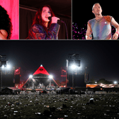 [Top L-R] SZA, Dua Lipa and Coldplay's Chris Martin will be headlining the Pyramid Stage (below) at this year's Glastonbury Festival 2024' but who is playing at what time and who is the secret act on Woodsies Stage on Saturday? (Credit: Getty Images)