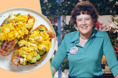 Photo of Julia Childs next to a plate with a open-faced scrambled egg sandwich