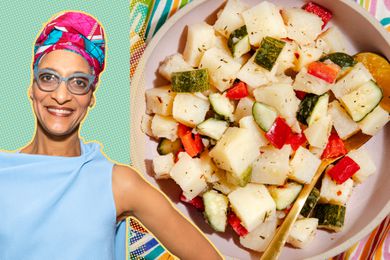 Carla Hall cut-out over a blue background next to a bowl of Carla Halls potato salad