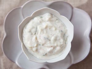 A bowl of cucumber raita.