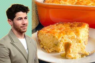 Photo of Nick Jonas superimposed over a photo of a slice of Chile Cheese Egg Casserole on a white plate with the orange casserole dish in the background