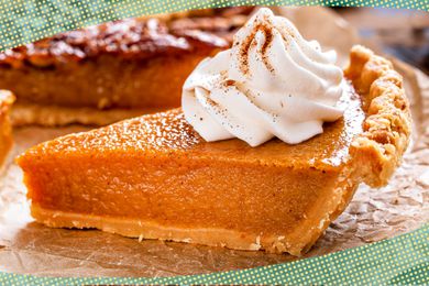 Photo of a slice of pumpkin pie topped with whipped cream with illustrations on the corners of the photo