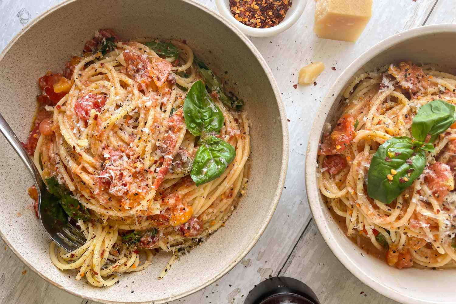 Two Bowls of No Cook Tomato Sauce Pasta