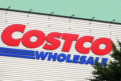 Costco storefront with fun yellow and blue dotted illustrations in the background